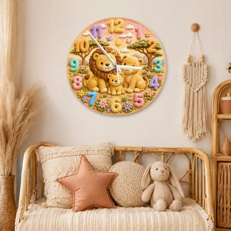 Pastel Safari Lion Family Kids Room Wall Clock | Cute Jungle Animal Nursery Decor, Perfect Baby Shower Gift Keepsake (13.6 inch / 34.5 cm)