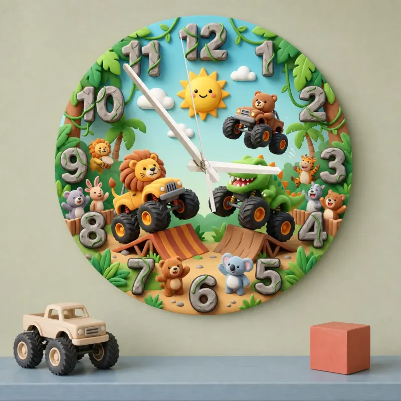 Safari Animal Monster Truck Kids Room Wall Clock | Dinosaur Boy Nursery Decor, Fun Toddler Playroom Birthday Gift Idea (13.6 inch / 34.5 cm)