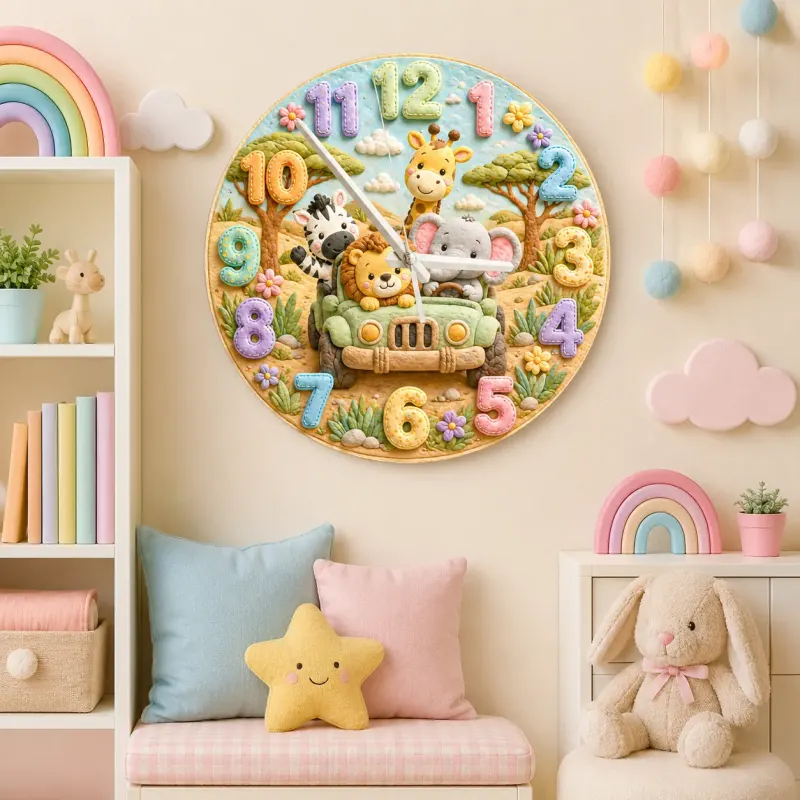 Safari Animal Jeep Kids Room Wall Clock | Jungle Nursery Decor, Safari Playroom Art, Baby Boy Shower Gift Keepsake (13.6 inch / 34.5 cm)