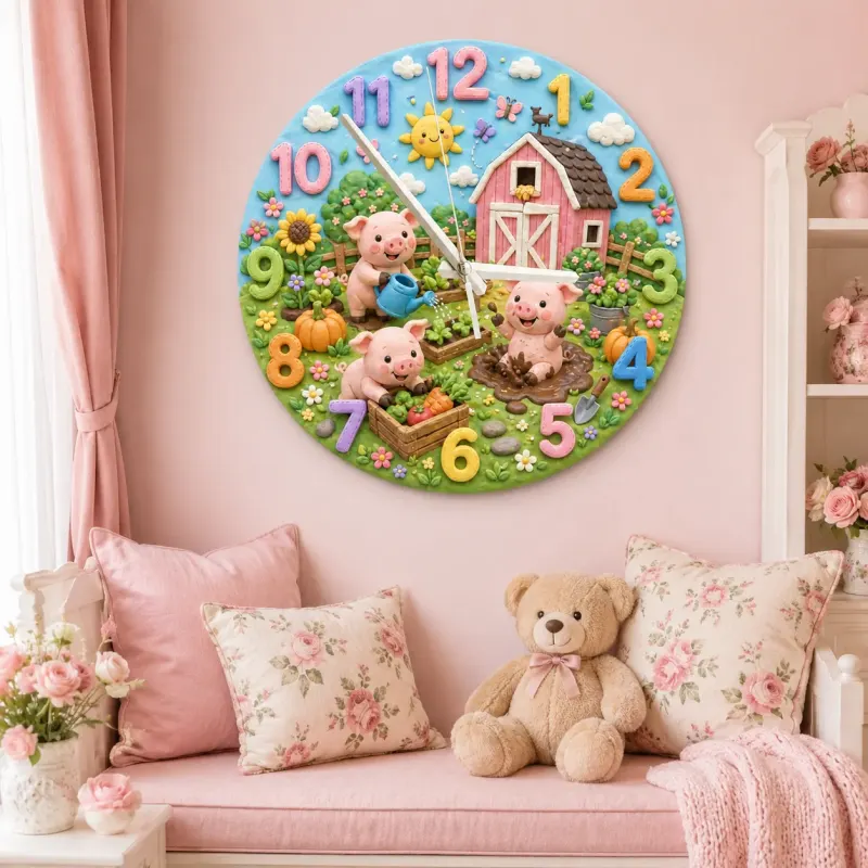Playful Farm Pigs Kids Room Wall Clock | Barnyard Animal Nursery Decor, Baby Shower Or Birthday Gift For Boy Or Girl (13.6 inch / 34.5 cm)