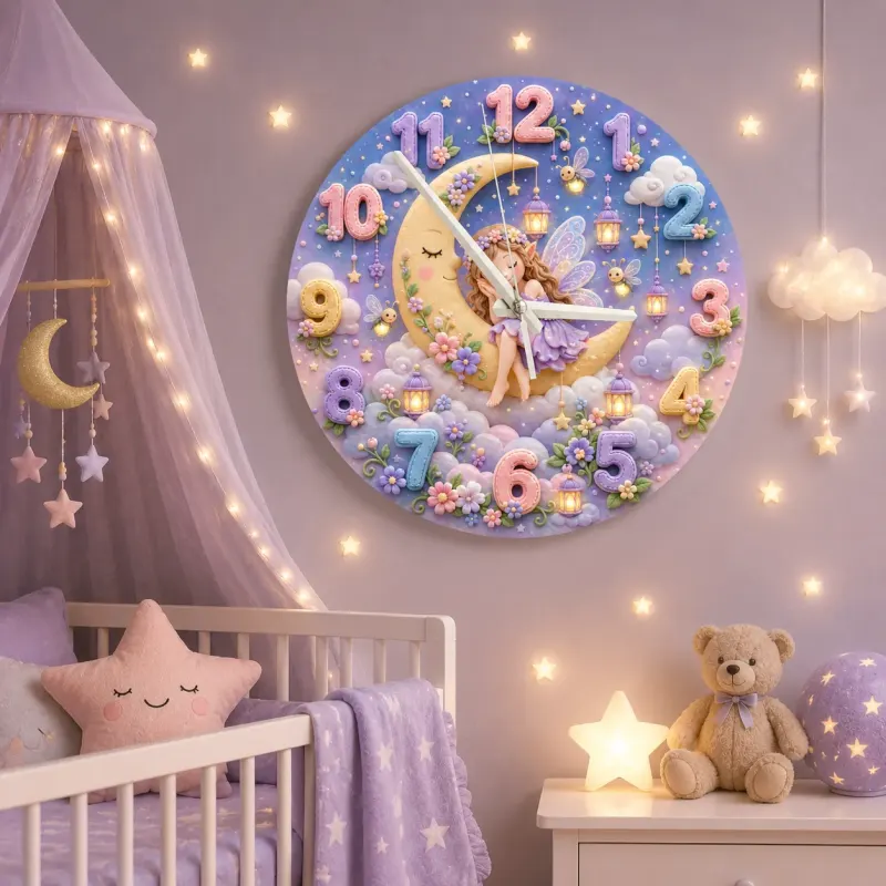 Sleeping Fairy Moon Kids Room Wall Clock | Magical Pastel Cloud Nursery Decor, Baby Girl Room Birthday Keepsake Gift (13.6 inch / 34.5 cm)