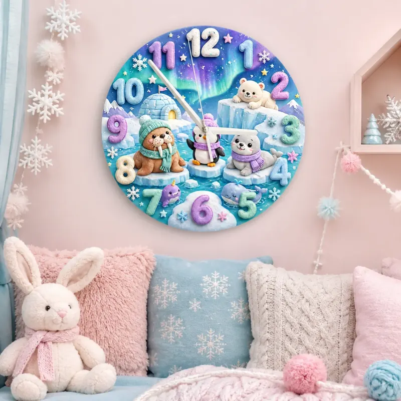 Cute Arctic Animals Kids Room Wall Clock | Northern Lights Nursery Decor, Polar Bear & Penguin Baby Shower Gift Idea (13.6 inch / 34.5 cm)