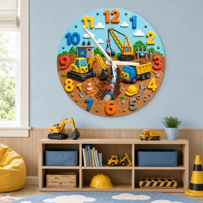Construction Trucks Kids Room Wall Clock | Cute Excavator Boy Nursery Decor, Toddler Boy Playroom Birthday Keepsake (13.6 inch / 34.5 cm)