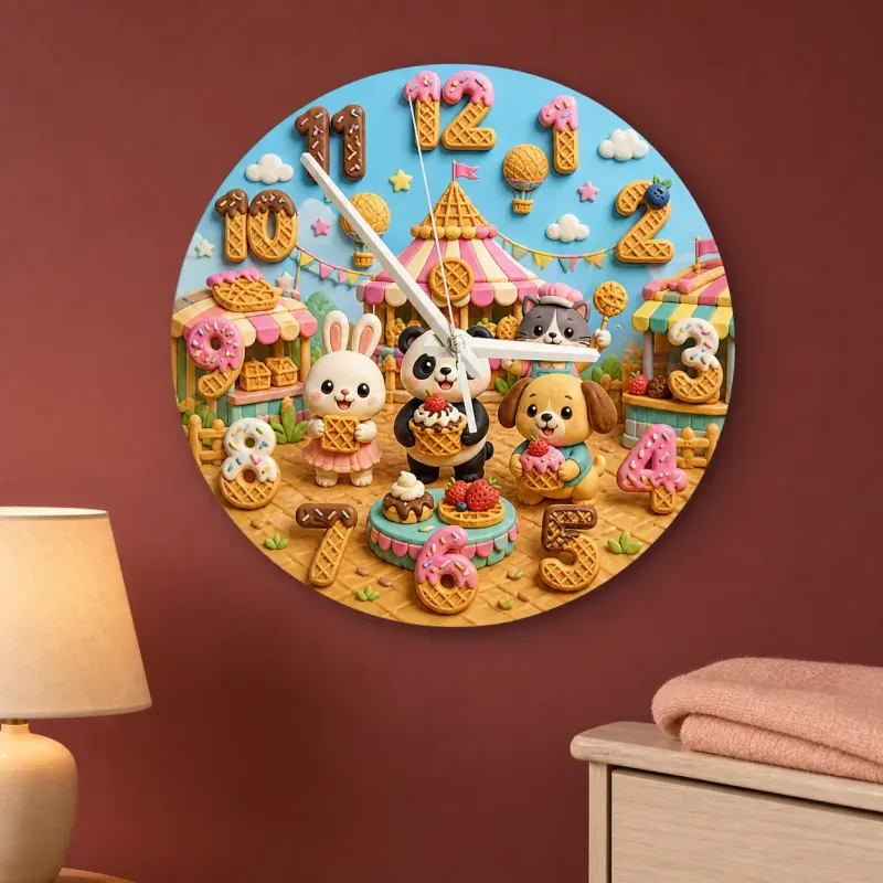 Puppy Bunny Ice Cream Kids Room Wall Clock | Pet Nursery Decor, Sweet Birthday Gift For Girls Boys (13.6 inch / 34.5 cm)