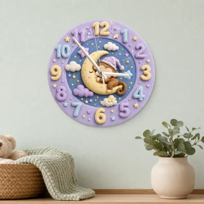 Sleeping Monkey on Moon Kids Room Wall Clock | Pastel Night Sky Nursery Decor, Cute Baby Shower Gift for Newborns (13.6 inch / 34.5 cm)