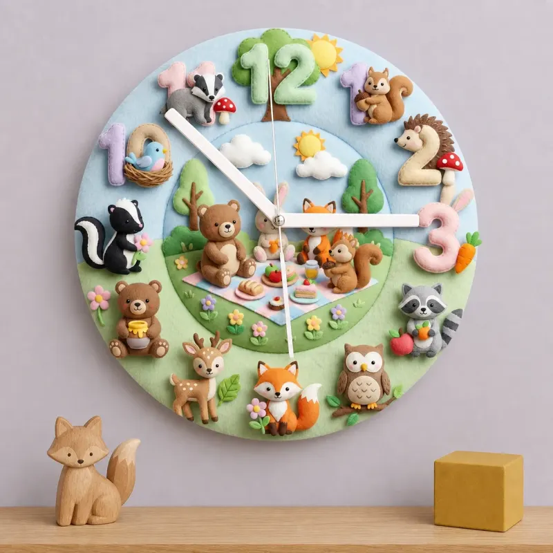 Woodland Animal Picnic Kids Room Wall Clock | Faux Felt Forest Nursery Decor, Baby Shower Gift For Baby Boys & Girls (13.6 inch / 34.5 cm)