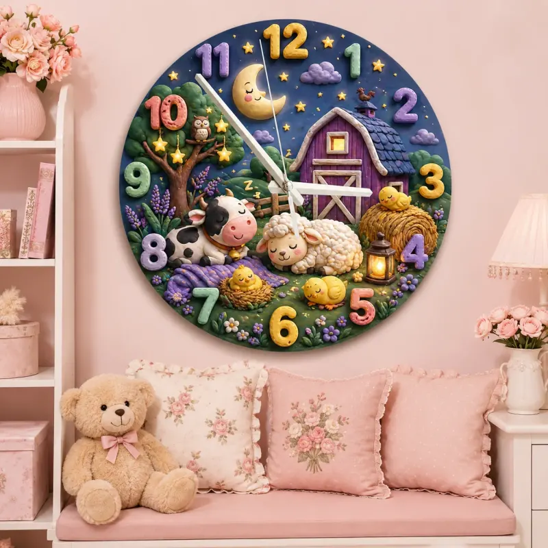 Sleeping Farm Animals Kids Room Wall Clock | Nighttime Nursery Decor, Sweet Dreams Baby Shower Gift For Boys Girls (13.6 inch / 34.5 cm)