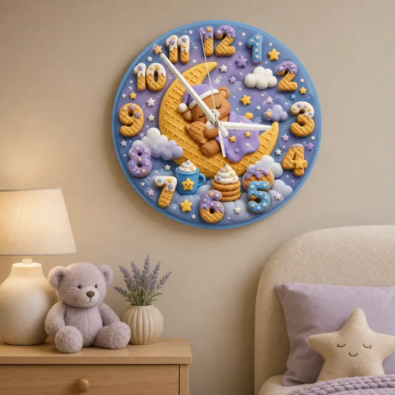 Sleeping Bear Moon Kids Room Wall Clock | Pastel Night Sky Nursery Decor, Sweet Baby Shower Gift (13.6 inch / 34.5 cm)