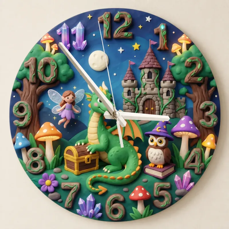 Magical Dragon and Fairy Kids Room Wall Clock | Fantasy Castle Nursery Decor, Whimsical Storybook Birthday Gift Idea (13.6 inch / 34.5 cm)