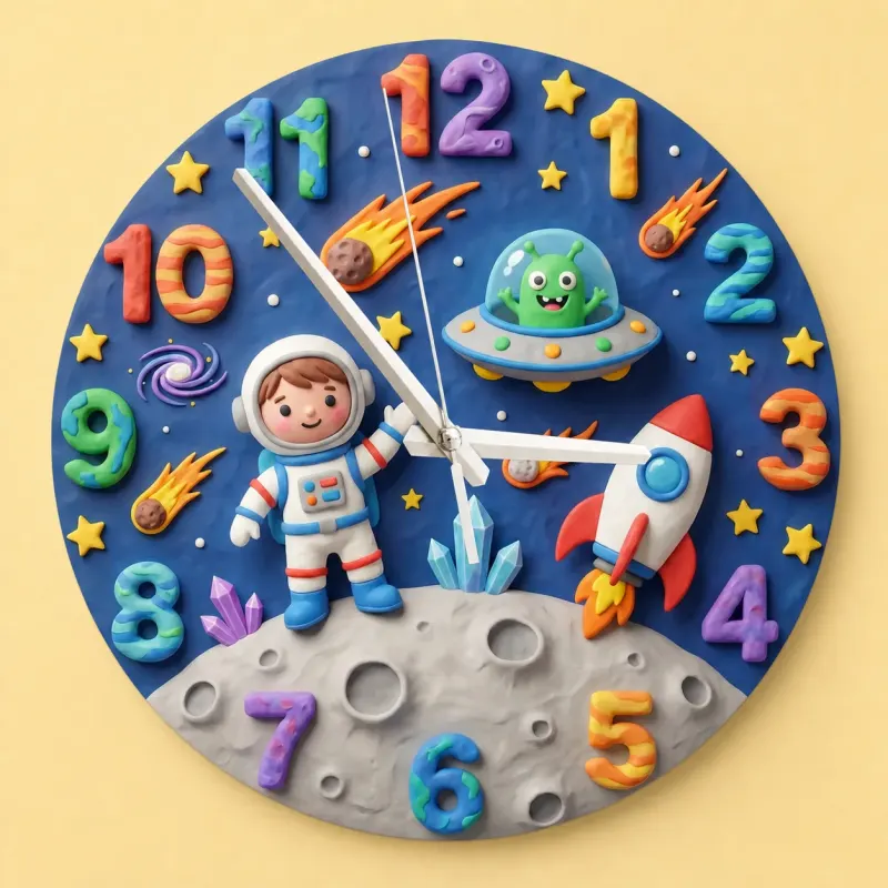 Astronaut and Alien Outer Space Kids Room Wall Clock | Galaxy Nursery Decor, Little Boys Bedroom Birthday Keepsake (13.6 inch / 34.5 cm)