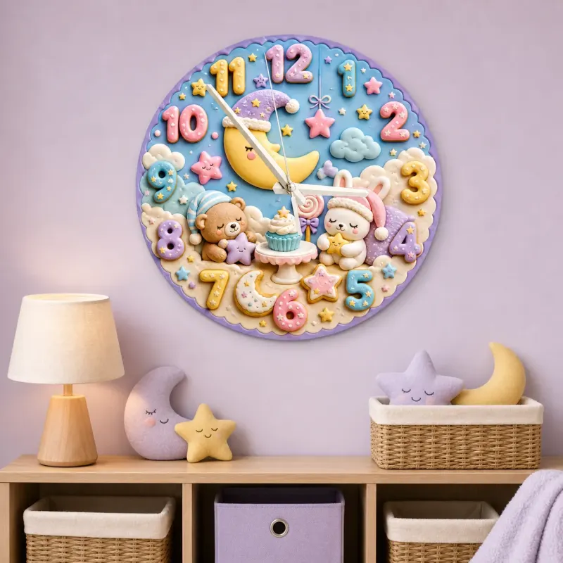 Bedtime Moon Animals Kids Room Wall Clock | Sleepy Bear Bunny Nursery Decor, Sweet Baby Shower Gift (13.6 inch / 34.5 cm)