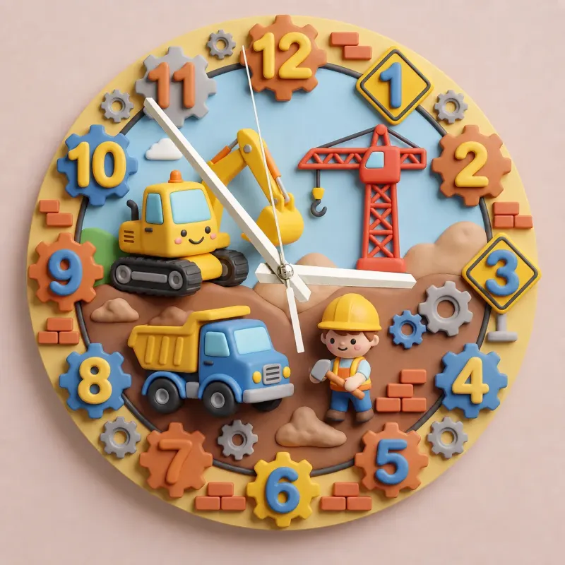 Construction Trucks Kids Room Wall Clock | Digger & Crane Nursery Decor, Little Builder Boy Birthday Gift Keepsake (13.6 inch / 34.5 cm)