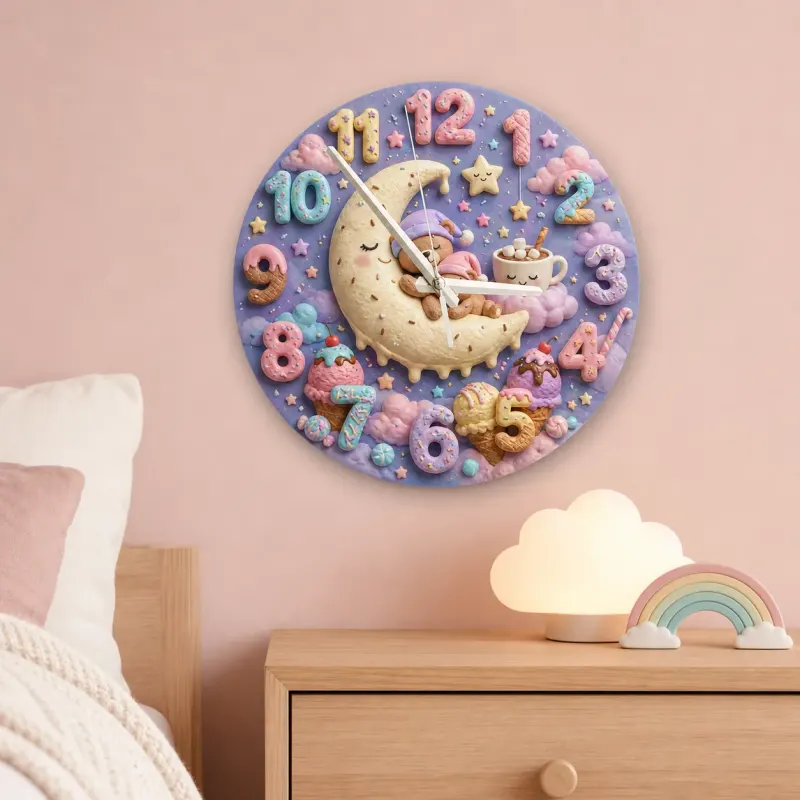 Pastel Sweet Dreams Bear Kids Room Wall Clock | Moon And Stars Whimsical Nursery Decor, Cute Baby Girl Shower Gift (13.6 inch / 34.5 cm)