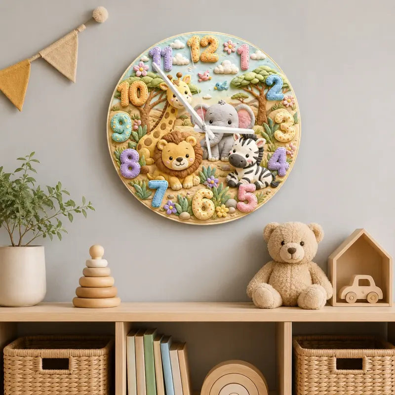 Safari Jungle Animals Kids Room Wall Clock | Cute Lion Elephant Nursery Decor, Playroom Baby Shower Boy Girl Gift (13.6 inch / 34.5 cm)