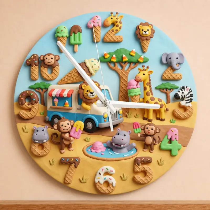 Safari Animals Ice Cream Truck Kids Room Wall Clock | Sweet Treats Nursery Decor, Baby Shower Gifts For Boys & Girls (13.6 inch / 34.5 cm)