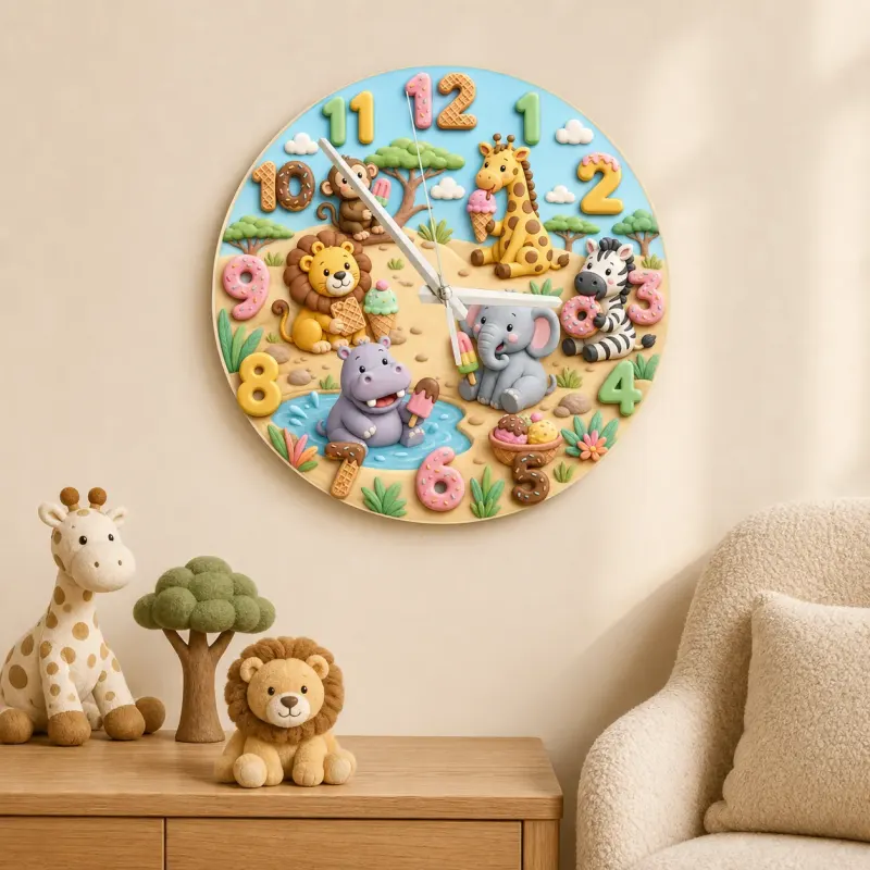Safari Animals Ice Cream Kids Room Wall Clock | Jungle Nursery Decor, Baby Boy Girl Birthday Gift (13.6 inch / 34.5 cm)