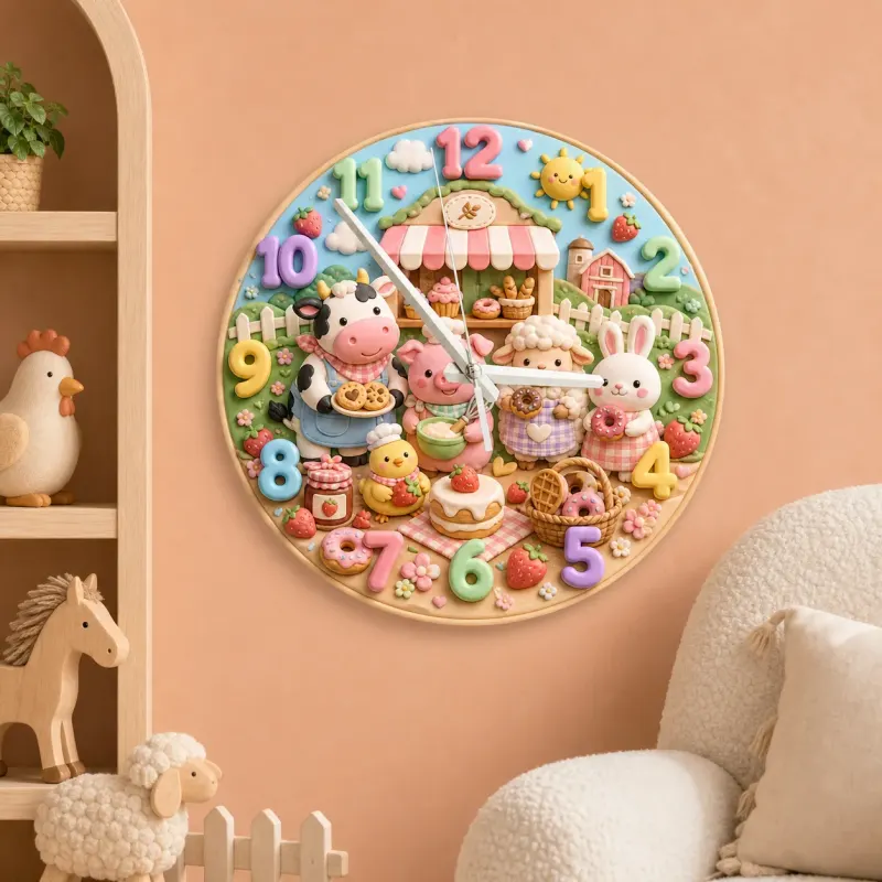 Farm Animals Bakery Kids Room Wall Clock | Barnyard Nursery Decor, Baby Boy Girl Birthday Gift (13.6 inch / 34.5 cm)