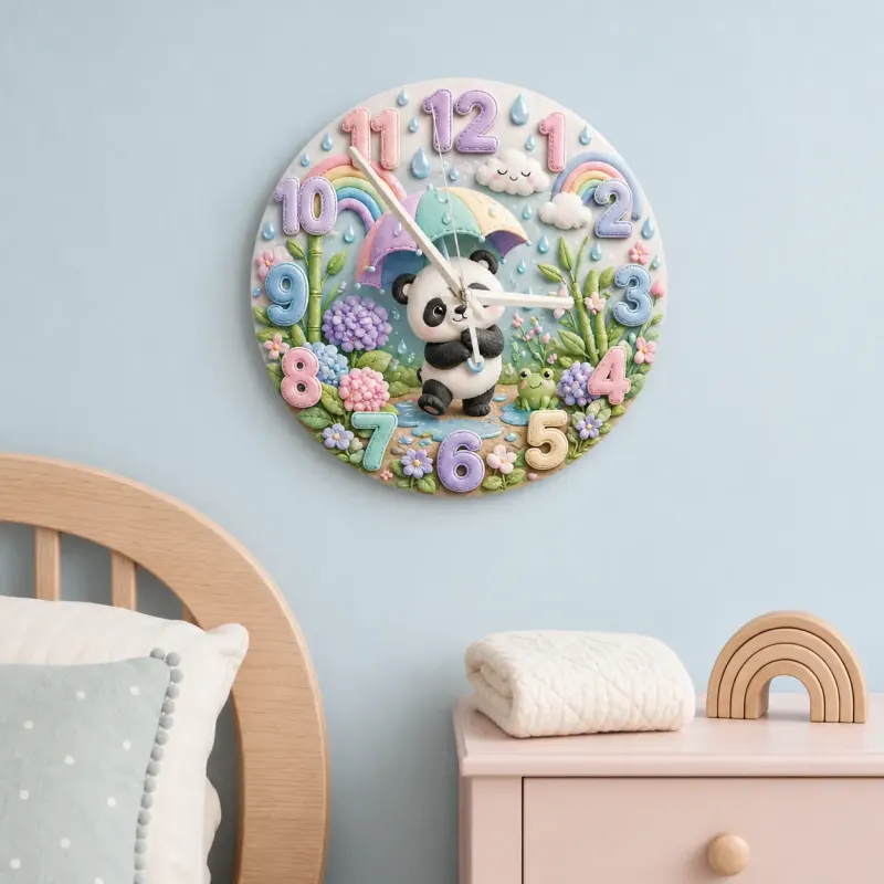 Whimsical Pastel Panda Kids Room Wall Clock | Rainbow Umbrella Nursery Decor, Cute Baby Girl Shower Gift Keepsake (13.6 inch / 34.5 cm)