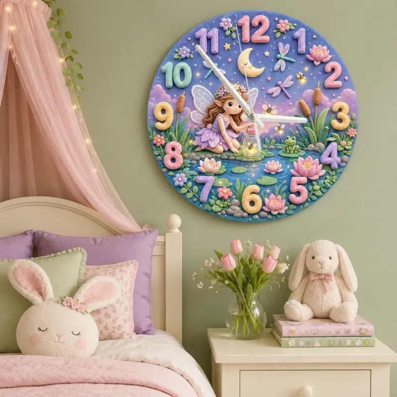 Magical Fairy Pond Kids Room Wall Clock | Enchanted Forest Nursery Decor, Whimsical Baby Girl Room Birthday Keepsake (13.6 inch / 34.5 cm)