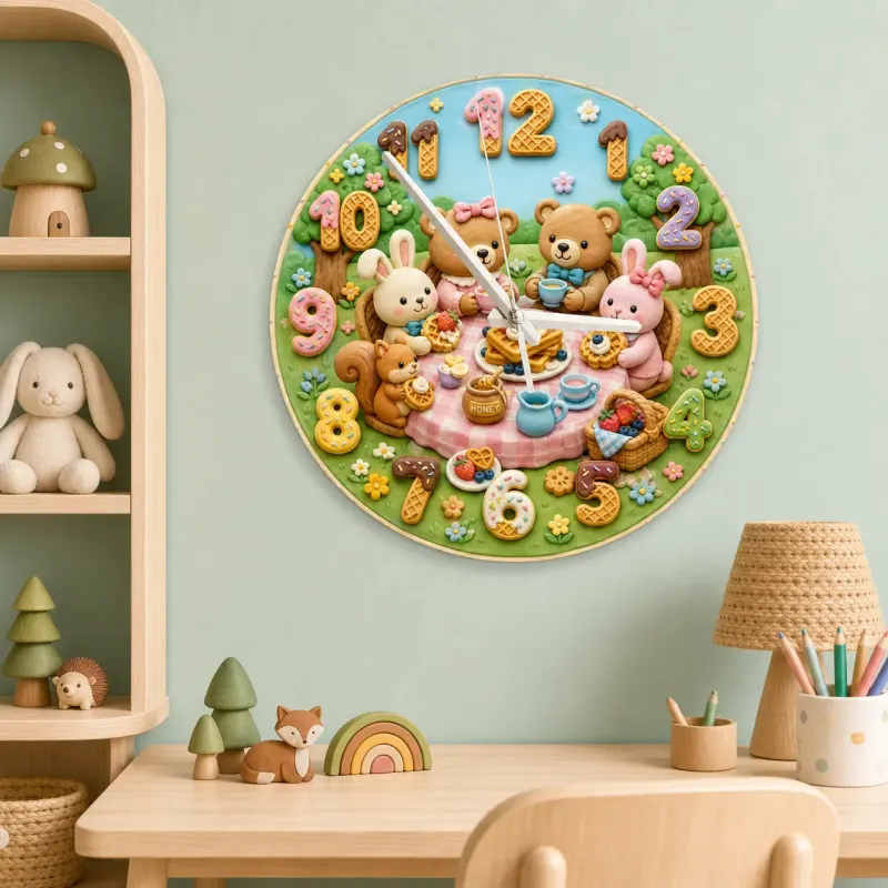 Woodland Tea Party Kids Room Wall Clock | Bunny Bear Nursery Decor, Sweet Baby Shower Birthday Gift (13.6 inch / 34.5 cm)