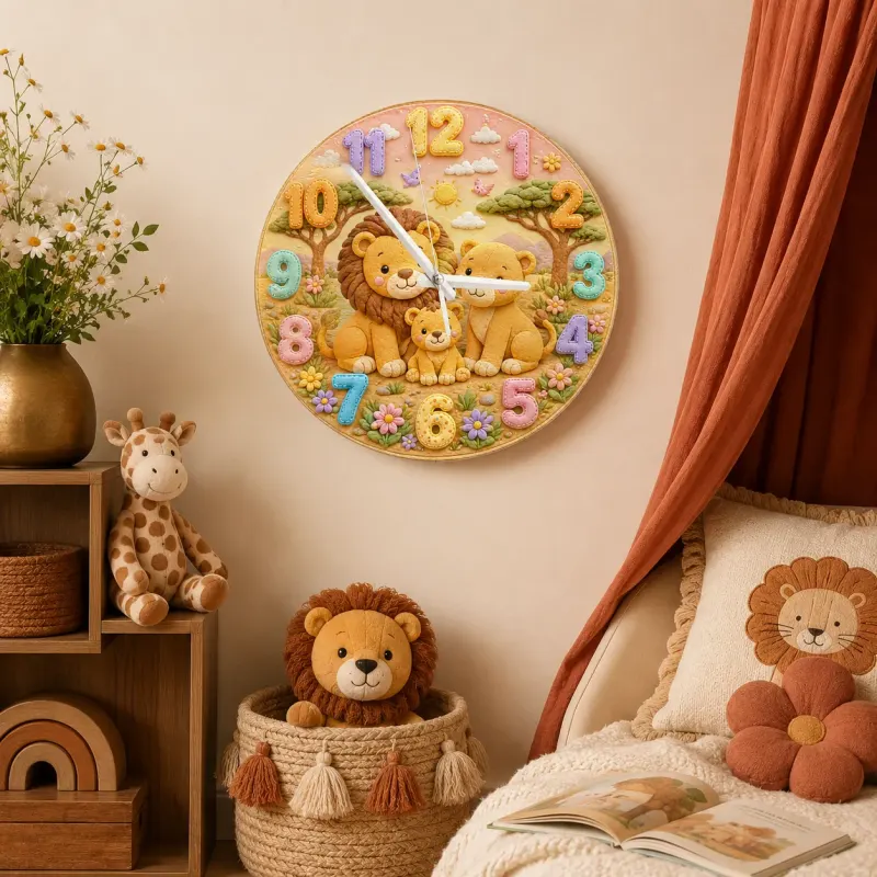 Pastel Safari Lion Family Kids Room Wall Clock | Cute Jungle Animal Nursery Decor, Perfect Baby Shower Gift Keepsake (13.6 inch / 34.5 cm)