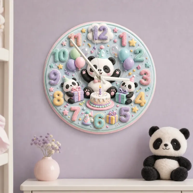 Pastel Birthday Panda Kids Room Wall Clock | Whimsical Animal Nursery Decor, Sweet Baby Shower Gift For Girls & Boys (13.6 inch / 34.5 cm)