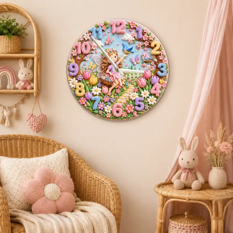 Whimsical Fairy Garden Kids Room Wall Clock | Pastel Floral Nursery Decor, Magical Little Girls Bedroom Decor Gift (13.6 inch / 34.5 cm)
