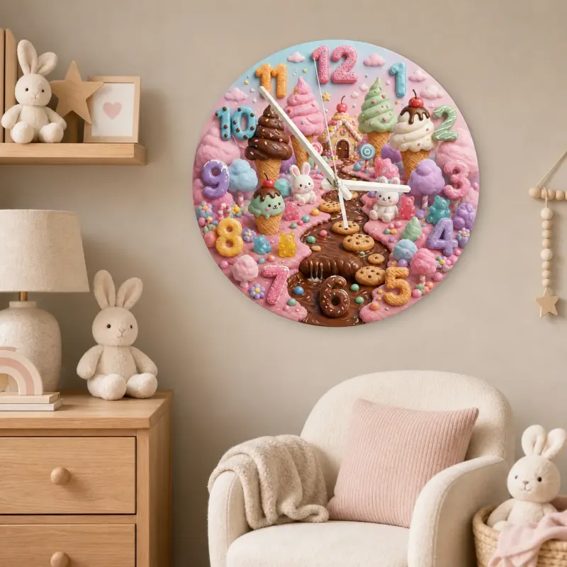 Magical Candyland Ice Cream Kids Room Wall Clock | Sweet Treats Nursery Decor, Whimsical Girl Bedroom Decor Keepsake (13.6 inch / 34.5 cm)