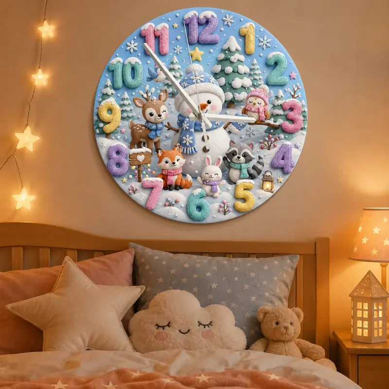 Winter Snowman & Woodland Animals Kids Room Wall Clock | Pastel Nursery Decor, Sweet Baby Shower Gift For Little Ones (13.6 inch / 34.5 cm)