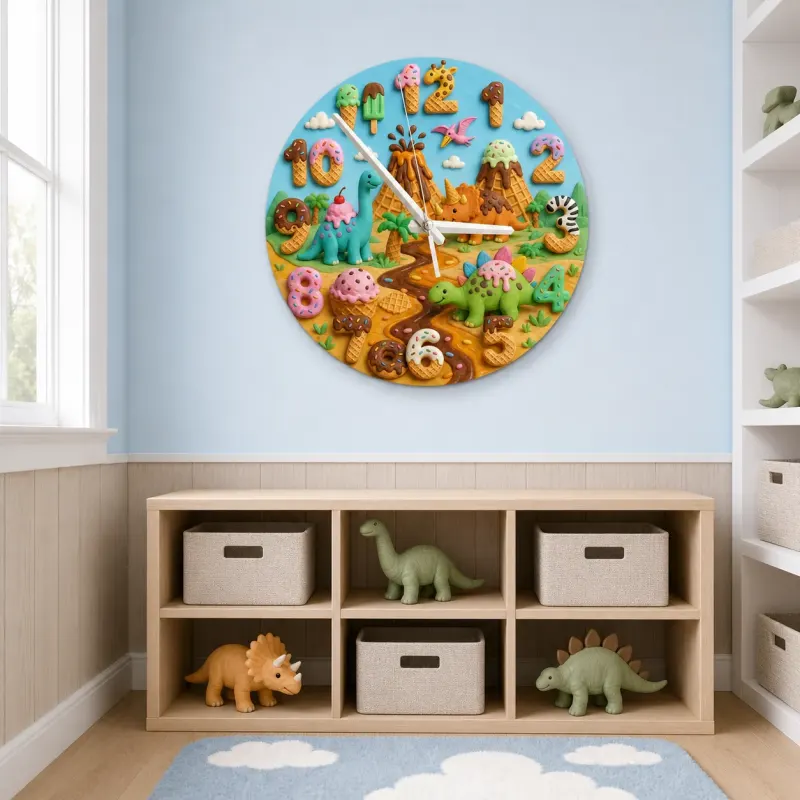 Dinosaur Volcano Kids Room Wall Clock | Candyland Nursery Decor, Little Boy Birthday Gift Keepsake (13.6 inch / 34.5 cm)