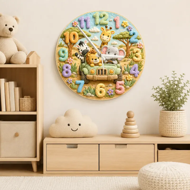 Safari Animal Jeep Kids Room Wall Clock | Jungle Nursery Decor, Safari Playroom Art, Baby Boy Shower Gift Keepsake (13.6 inch / 34.5 cm)