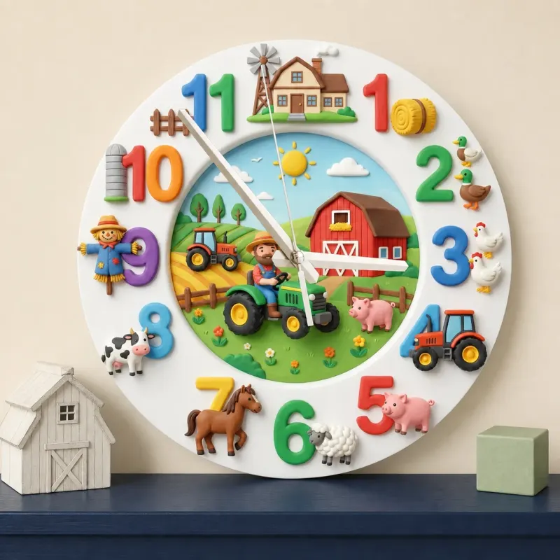 Farm Animals Tractor Kids Room Wall Clock | Barnyard Nursery Decor, Little Boy Playroom Wall Art & Birthday Keepsake (13.6 inch / 34.5 cm)