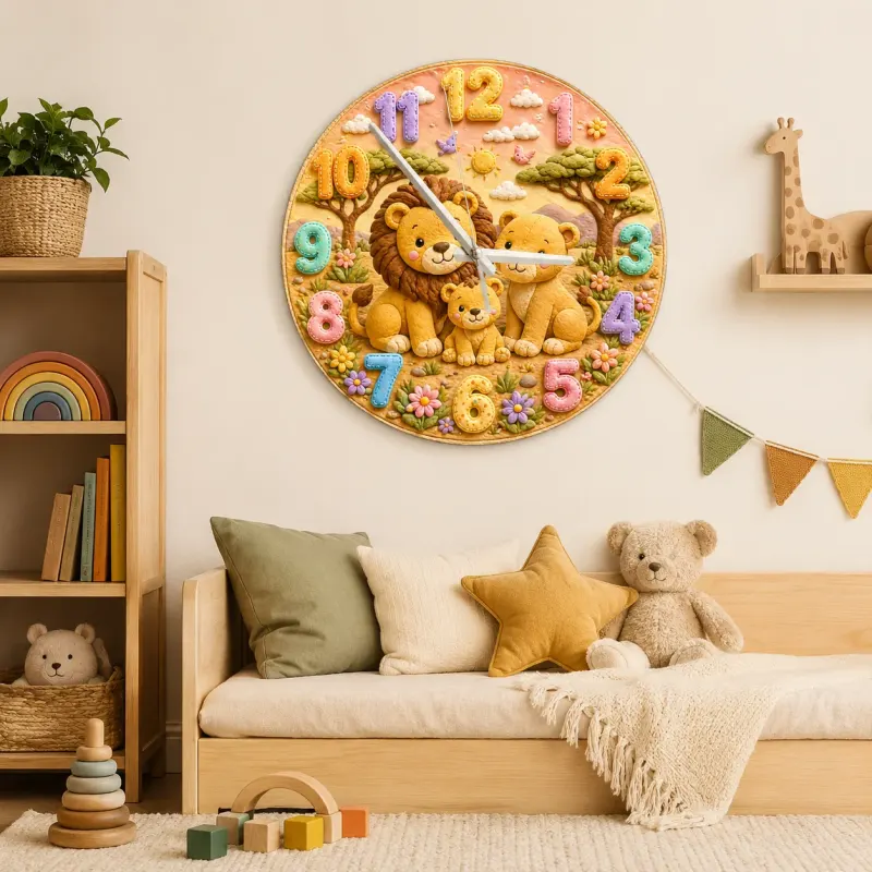Pastel Safari Lion Family Kids Room Wall Clock | Cute Jungle Animal Nursery Decor, Perfect Baby Shower Gift Keepsake (13.6 inch / 34.5 cm)