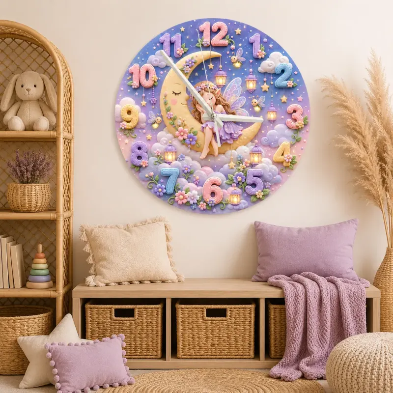 Sleeping Fairy Moon Kids Room Wall Clock | Magical Pastel Cloud Nursery Decor, Baby Girl Room Birthday Keepsake Gift (13.6 inch / 34.5 cm)