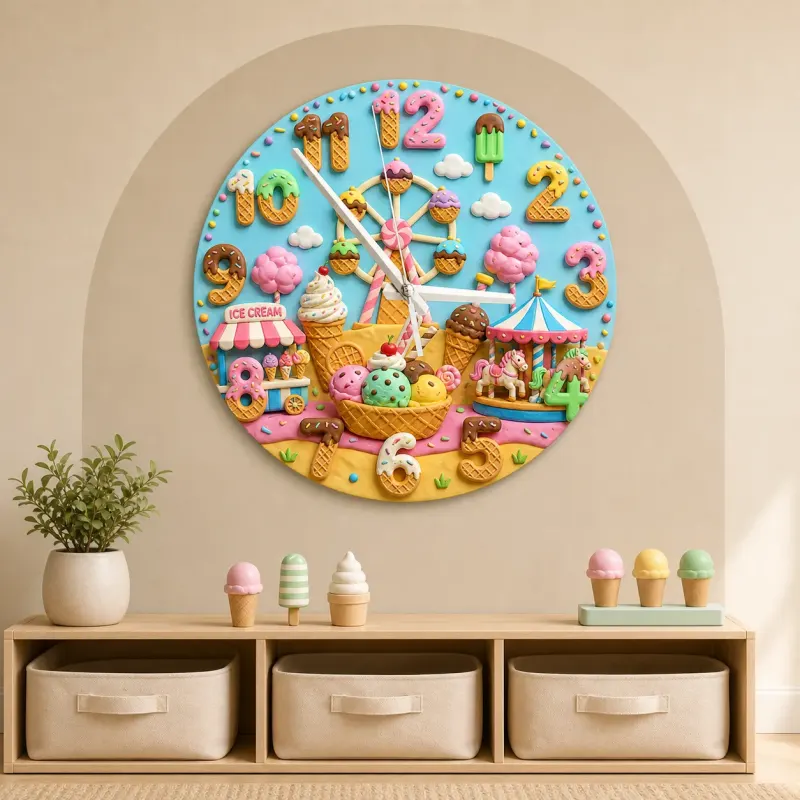 Ice Cream Carnival Kids Room Wall Clock | Pastel Fairground Nursery Decor, Sweet Birthday Gift (13.6 inch / 34.5 cm)