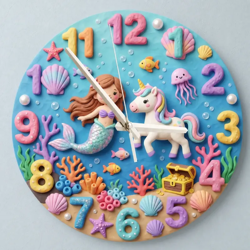 Mermaid & Sea Unicorn Kids Room Wall Clock | Magical Underwater Ocean Nursery Wall Decor, Little Girl Bedroom Gift (13.6 inch / 34.5 cm)