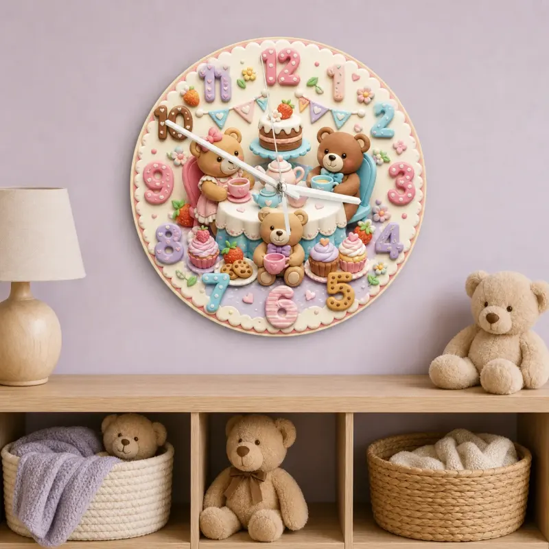 Teddy Bear Tea Party Kids Room Wall Clock | Pastel Nursery Decor, Sweet Baby Shower Birthday Gift (13.6 inch / 34.5 cm)