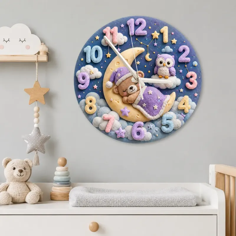 Sleeping Bear and Owl Kids Room Wall Clock | Pastel Starry Night Nursery Decor, Baby Shower Gift For Boys & Girls (13.6 inch / 34.5 cm)