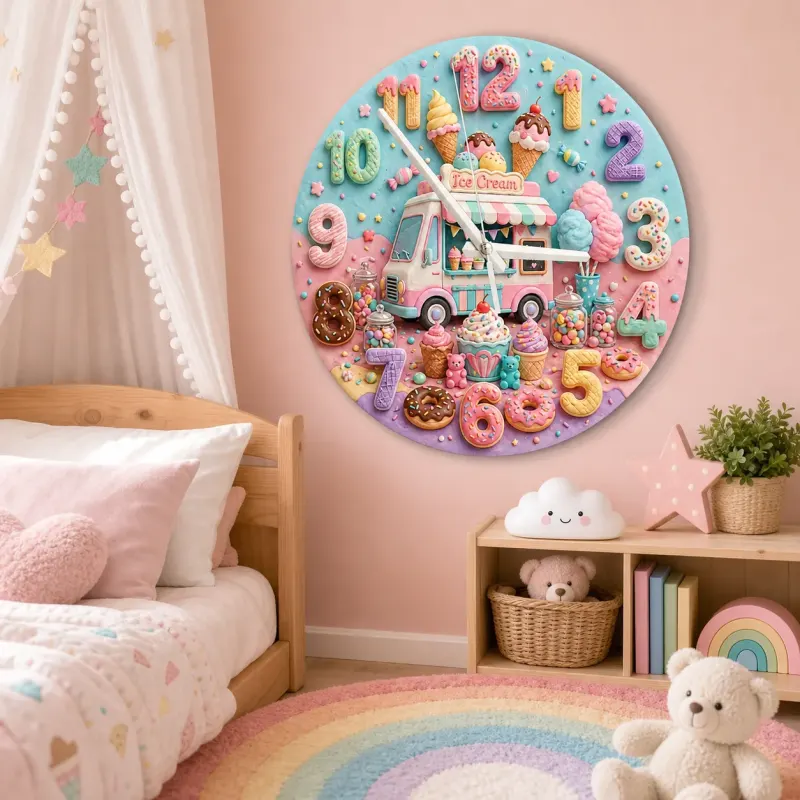 Pastel Ice Cream Truck Kids Room Wall Clock | Sweet Candyland Nursery Wall Decor, Cute Baby Girl Bedroom Birthday Gift (13.6 inch / 34.5 cm)