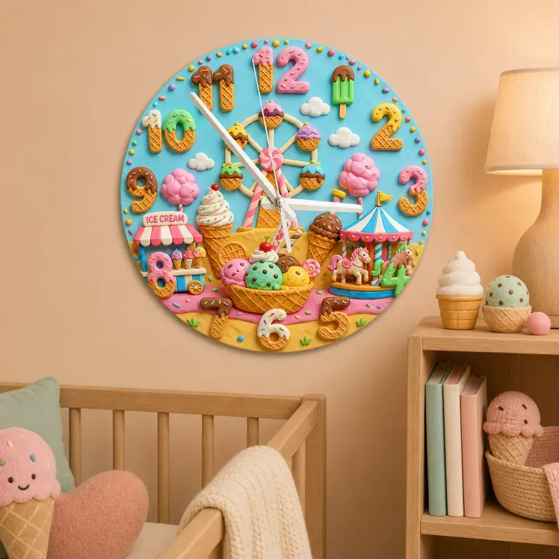 Ice Cream Carnival Kids Room Wall Clock | Pastel Fairground Nursery Decor, Sweet Birthday Gift (13.6 inch / 34.5 cm)