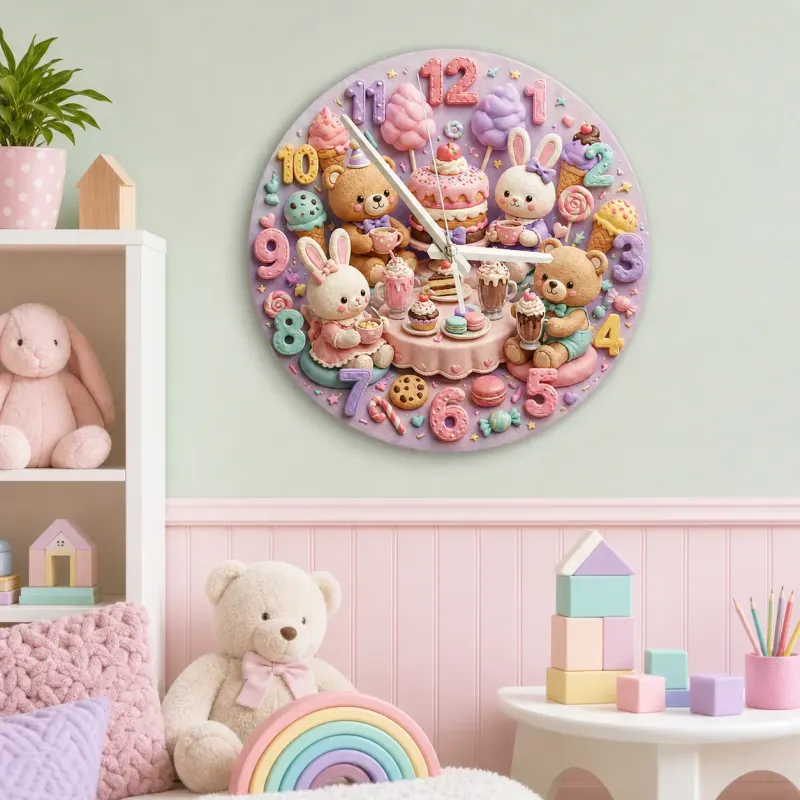 Pastel Teddy Bear & Bunny Sweet Treats Tea Party Kids Room Wall Clock | Kawaii Nursery Decor, Little Girls Room Gift (13.6 inch / 34.5 cm)