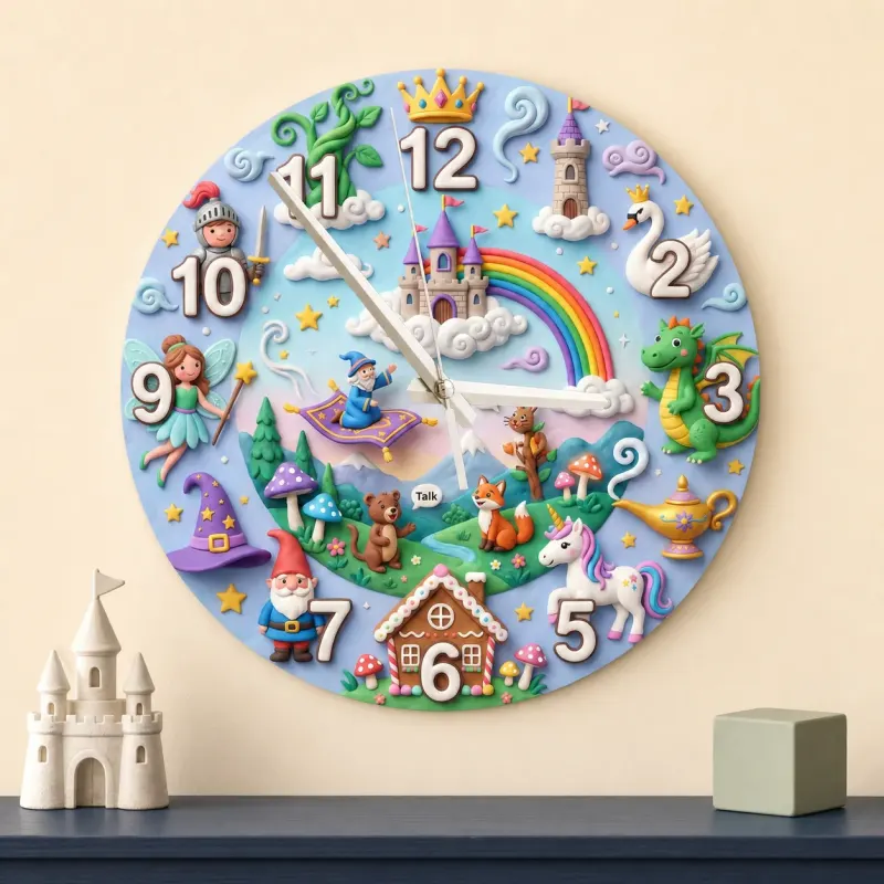 Magical Fairytale Kids Room Wall Clock | Castle Dragon Unicorn Nursery Room Decor, Birthday & Baby Shower Keepsake (13.6 inch / 34.5 cm)