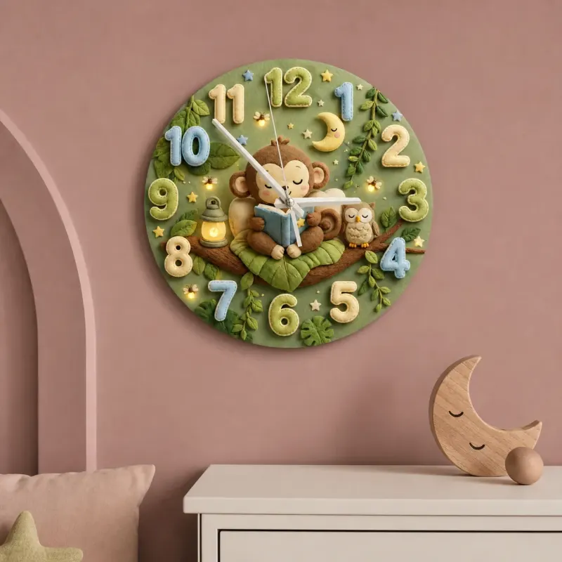 Cute Bedtime Reading Monkey Kids Room Wall Clock | Safari Jungle Nursery Decor, Baby Shower Gift For Boys & Girls (13.6 inch / 34.5 cm)