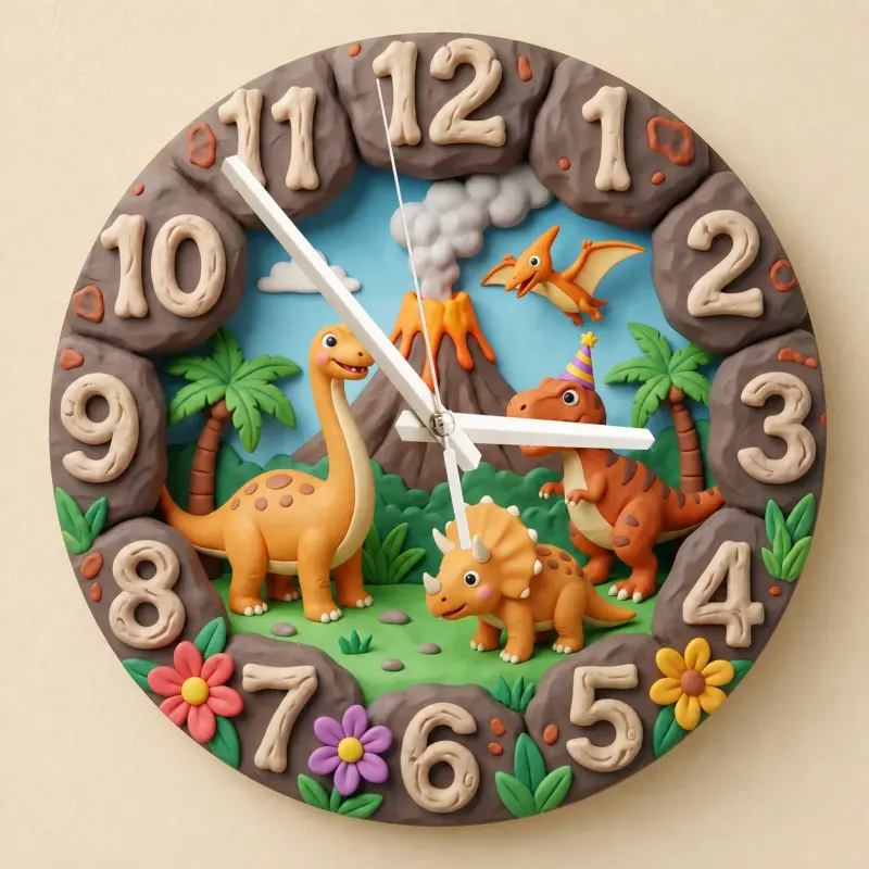 Dinosaur Volcano Kids Room Wall Clock | Prehistoric Jungle Nursery Decor, Little Boy Bedroom Birthday Gift Keepsake (13.6 inch / 34.5 cm)