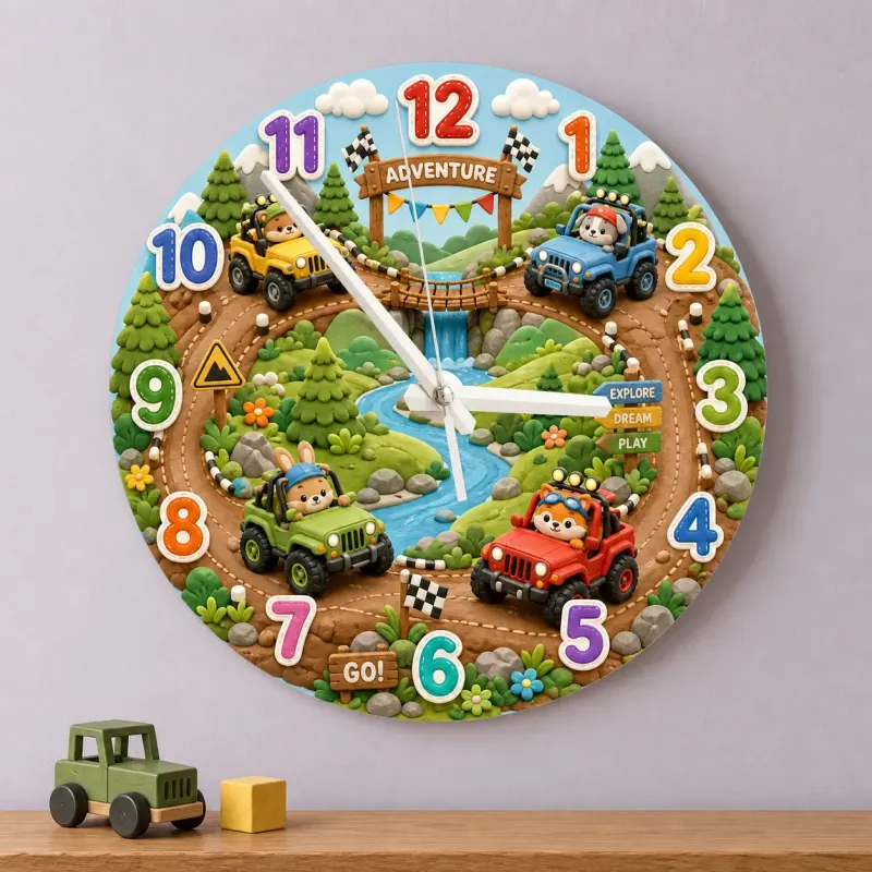 Off-Road Animal Adventure Wood Kids Room Wall Clock