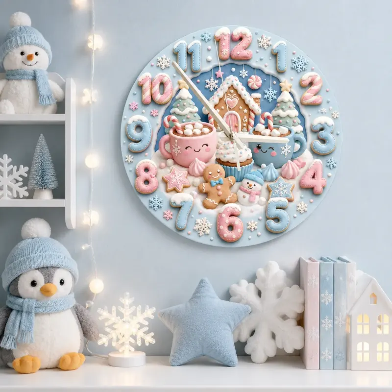 Pastel Winter Gingerbread Kids Room Wall Clock | Cute Hot Cocoa Snowman Nursery Decor, Sweet Holiday Baby Girl Gift (13.6 inch / 34.5 cm)