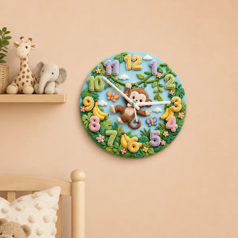 Swinging Safari Monkey Kids Room Wall Clock | Pastel Jungle Nursery Decor, Unique Baby Shower Gift For Boys Or Girls (13.6 inch / 34.5 cm)