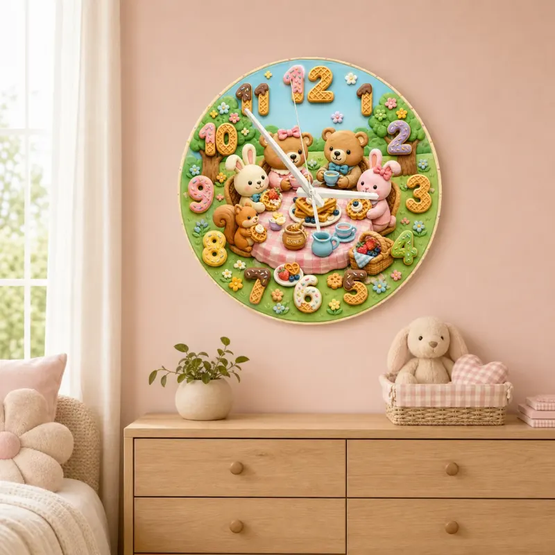 Woodland Tea Party Kids Room Wall Clock | Bunny Bear Nursery Decor, Sweet Baby Shower Birthday Gift (13.6 inch / 34.5 cm)