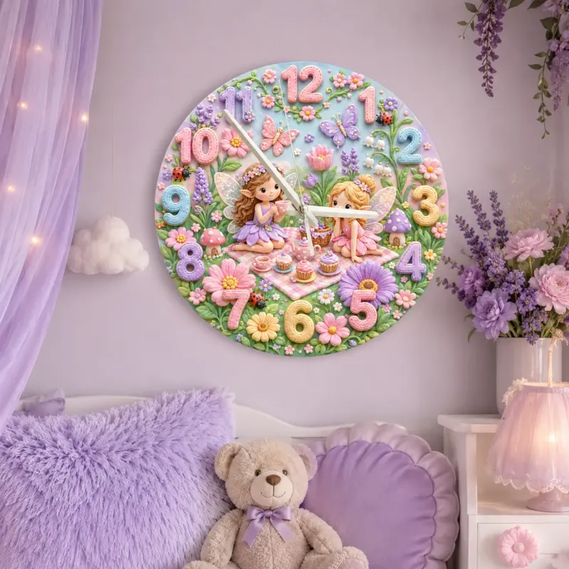 Magical Fairy Tea Party Kids Room Wall Clock | Enchanted Garden Nursery Decor, Pastel Girls Bedroom Birthday Present (13.6 inch / 34.5 cm)