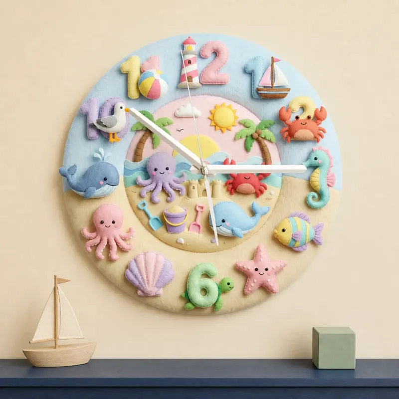 Pastel Ocean Animals Kids Room Wall Clock | Under The Sea Nursery Decor, Beach Theme Baby Shower Gift For Boy Girl (13.6 inch / 34.5 cm)